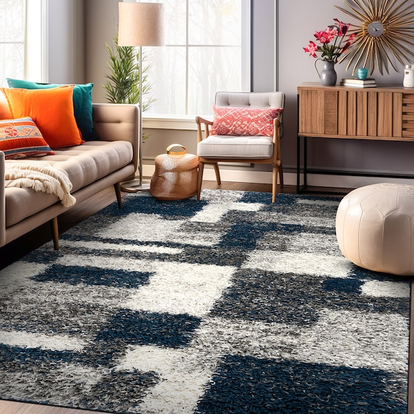 World Rug Gallery Contemporary Abstract Design Plush Shag Area Rug 7'10'' x 10' Gray 473NAVY8X10 - main